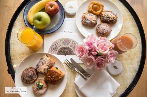 Breakfast pastries and juices at my room